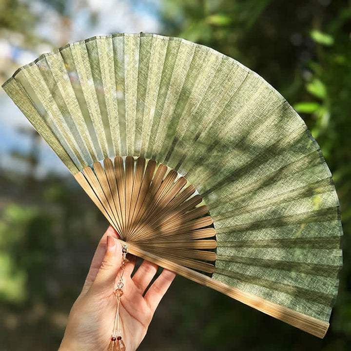 Buddha Stones Solid Color Rustic Elegance Cotton Linen Bamboo Folding Fan 22 cm - image 3