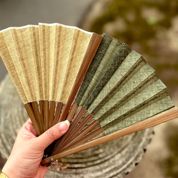 Buddha Stones Solid Color Rustic Elegance Cotton Linen Bamboo Folding Fan 22 cm - image 19