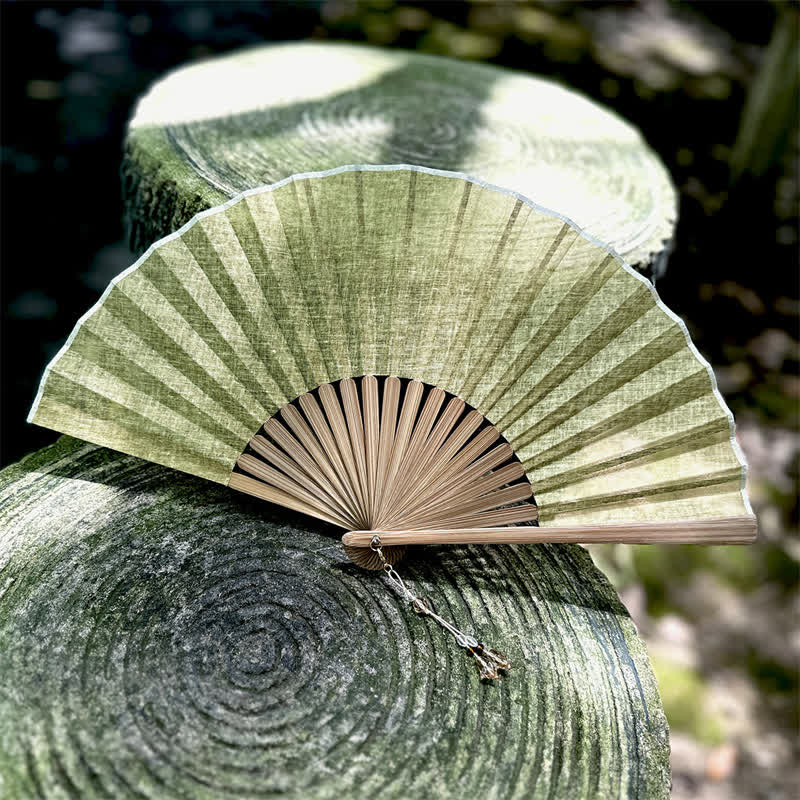 Buddha Stones Solid Color Rustic Elegance Cotton Linen Bamboo Folding Fan 22 cm - Pale Green - Closed Size: Approx. 22 cm / 8.7 in - image 14