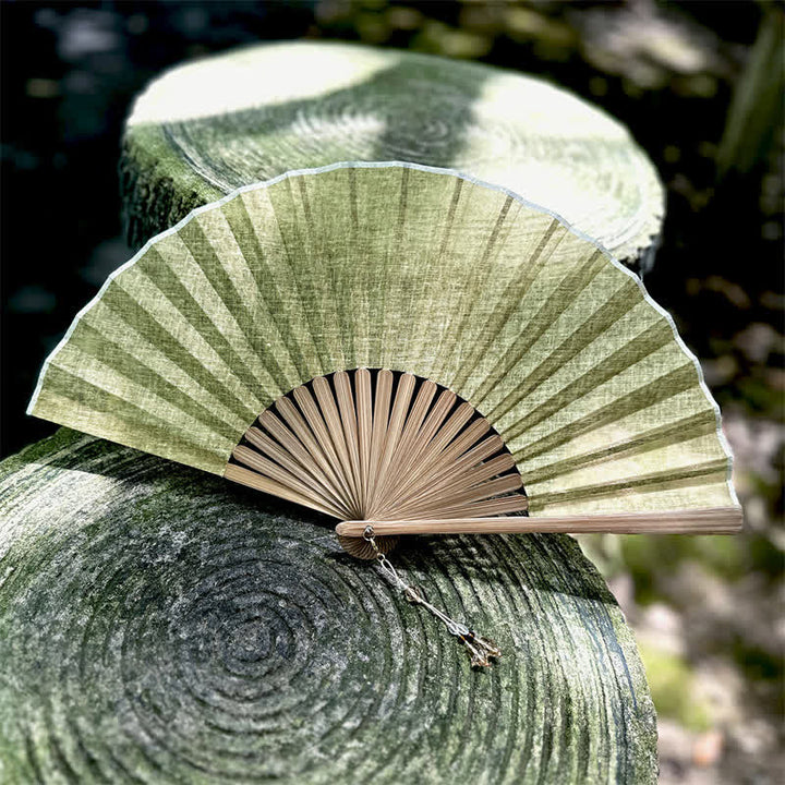 Buddha Stones Solid Color Rustic Elegance Cotton Linen Bamboo Folding Fan 22 cm - Pale Green - Closed Size: Approx. 22 cm / 8.7 in - image 14