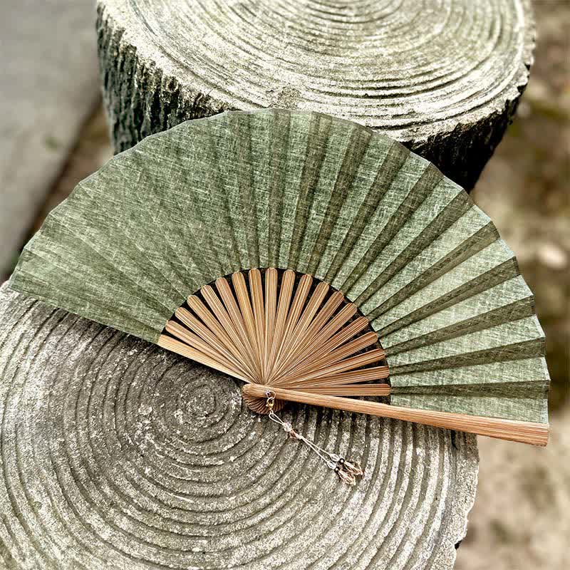 Buddha Stones Solid Color Rustic Elegance Cotton Linen Bamboo Folding Fan 22 cm - image 1