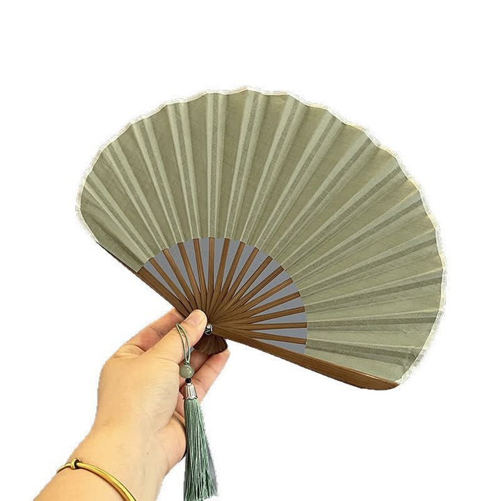 Buddha Stones Cotton Linen Bamboo Shell-shaped Tassel Folding Fan 21.5 cm - image 5
