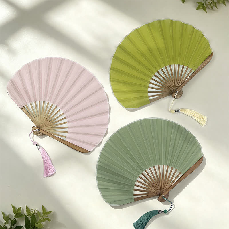 Buddha Stones Cotton Linen Bamboo Shell-shaped Tassel Folding Fan 21.5 cm - image 16
