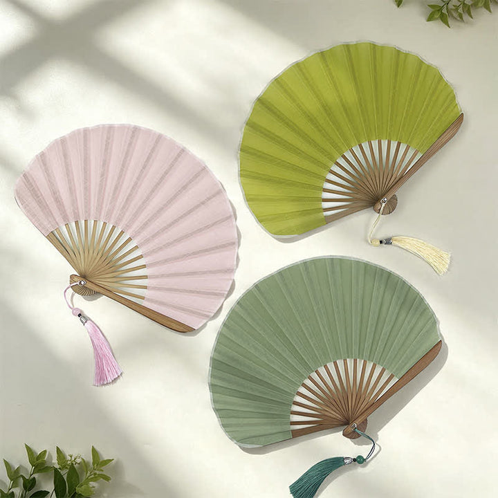 Buddha Stones Cotton Linen Bamboo Shell-shaped Tassel Folding Fan 21.5 cm - image 16