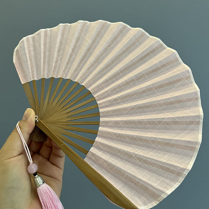 Buddha Stones Cotton Linen Bamboo Shell-shaped Tassel Folding Fan 21.5 cm - image 10