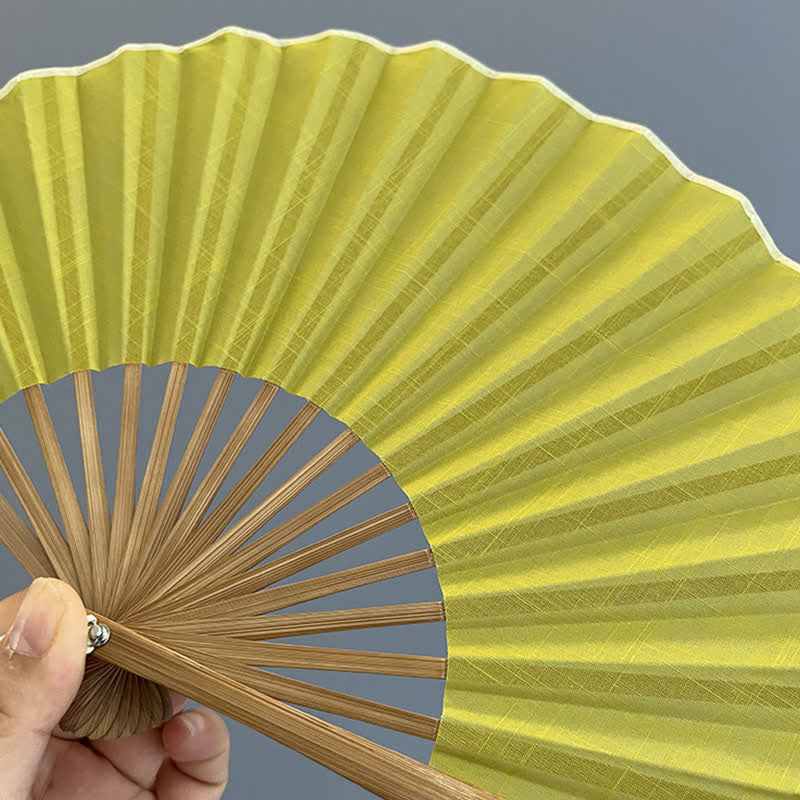 Buddha Stones Cotton Linen Bamboo Shell-shaped Tassel Folding Fan 21.5 cm - image 8