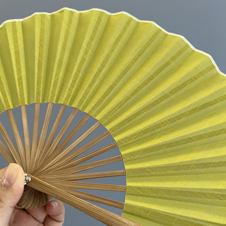 Buddha Stones Cotton Linen Bamboo Shell-shaped Tassel Folding Fan 21.5 cm - image 8