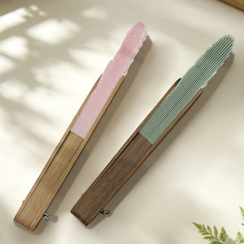 Buddha Stones Cotton Linen Bamboo Shell-shaped Tassel Folding Fan 21.5 cm - image 17