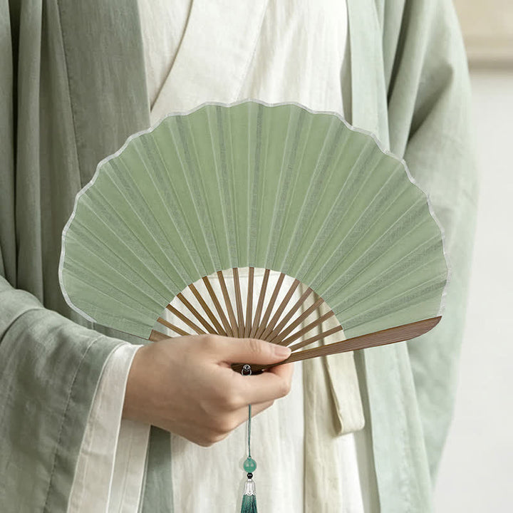 Buddha Stones Cotton Linen Bamboo Shell-shaped Tassel Folding Fan 21.5 cm - image 3