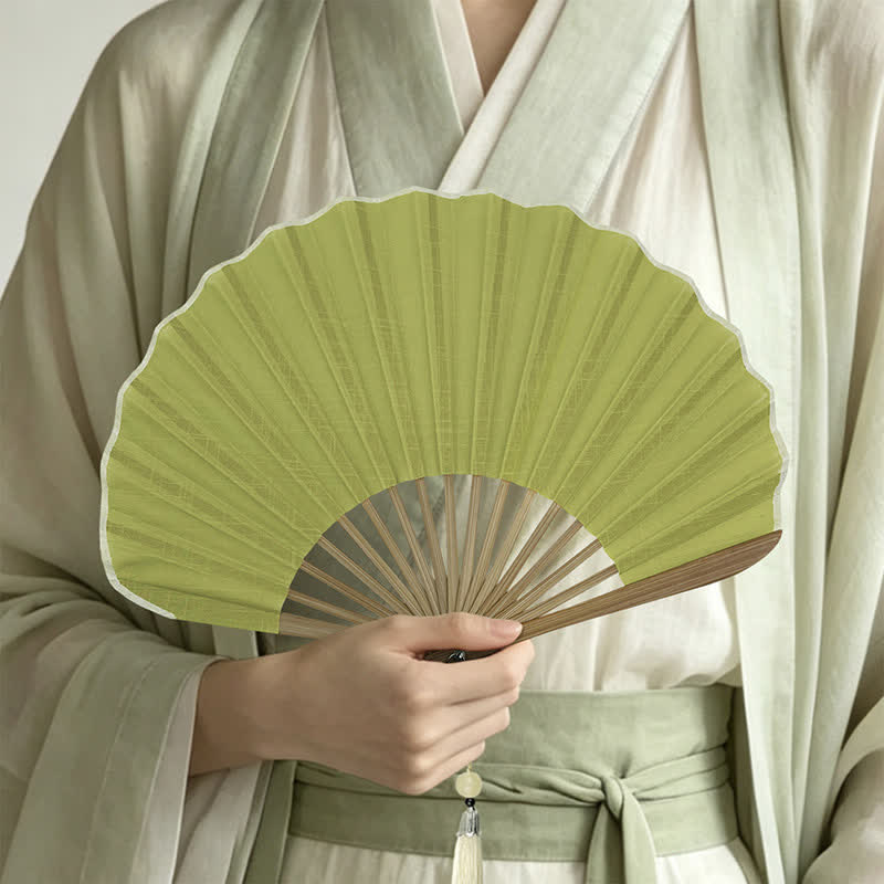 Buddha Stones Cotton Linen Bamboo Shell-shaped Tassel Folding Fan 21.5 cm - image 7