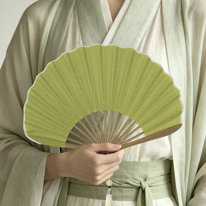 Buddha Stones Cotton Linen Bamboo Shell-shaped Tassel Folding Fan 21.5 cm - image 7