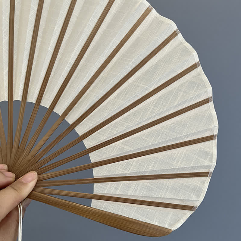 Buddha Stones Cotton Linen Bamboo Shell-shaped Tassel Folding Fan 21.5 cm - image 14
