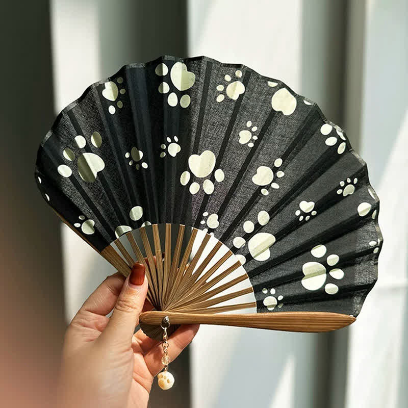 Buddha Stones Cotton Linen Dog Cat Paw Print Bamboo Folding Fan 21.5 cm - image 2