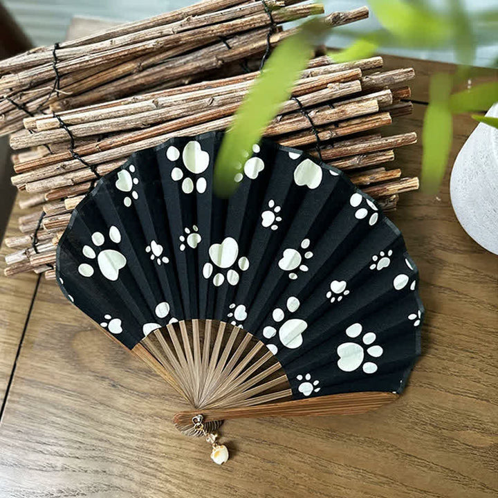 Buddha Stones Cotton Linen Dog Cat Paw Print Bamboo Folding Fan 21.5 cm - image 3