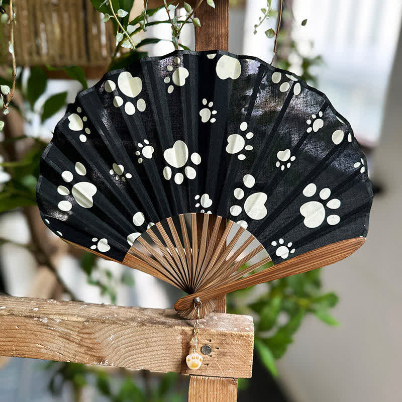 Buddha Stones Cotton Linen Dog Cat Paw Print Bamboo Folding Fan 21.5 cm - image 1