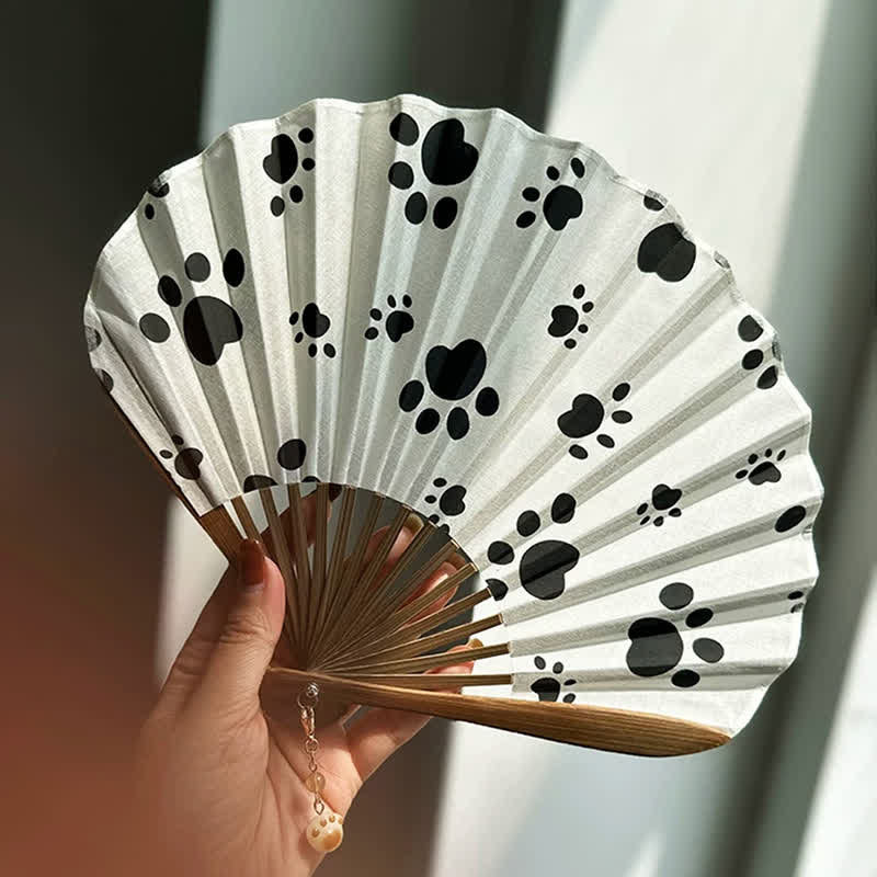 Buddha Stones Cotton Linen Dog Cat Paw Print Bamboo Folding Fan 21.5 cm - image 7