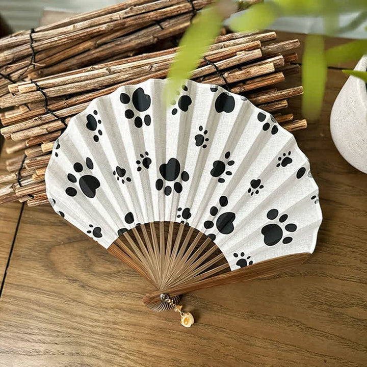 Buddha Stones Cotton Linen Dog Cat Paw Print Bamboo Folding Fan 21.5 cm - image 9