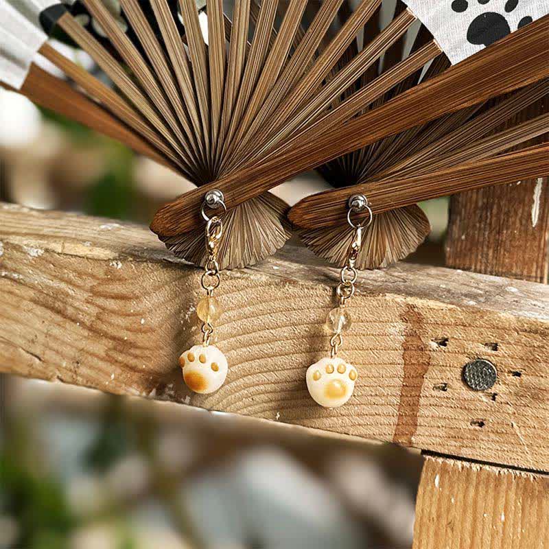 Buddha Stones Cotton Linen Dog Cat Paw Print Bamboo Folding Fan 21.5 cm - image 11
