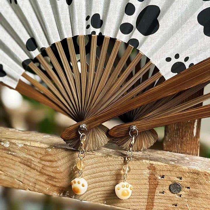 Buddha Stones Cotton Linen Dog Cat Paw Print Bamboo Folding Fan 21.5 cm - image 10