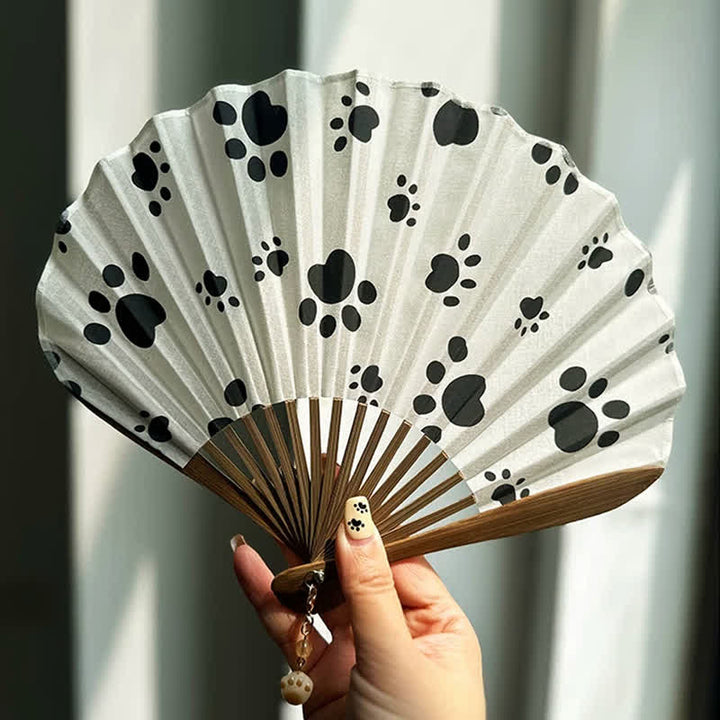 Buddha Stones Cotton Linen Dog Cat Paw Print Bamboo Folding Fan 21.5 cm - image 8