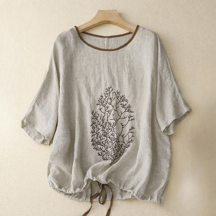 Buddha Stones Casual Embroidery Tree Drawstring Women's Crew Neck Design Half Sleeve T-Shirt - LightGrey - US14，UK/AU18，EU46 (2XL) - image 0