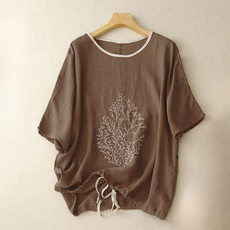 Buddha Stones Casual Embroidery Tree Drawstring Women's Crew Neck Design Half Sleeve T-Shirt - SaddleBrown - US14，UK/AU18，EU46 (2XL) - image 10