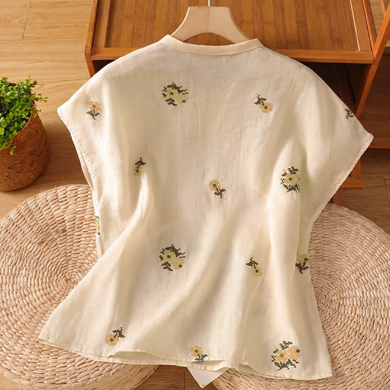 Buddha Stones Summer Casual Tang Style Mandarin Collar Embroidery Floral Tank Top Women's Sleeveless Shirts - image 1