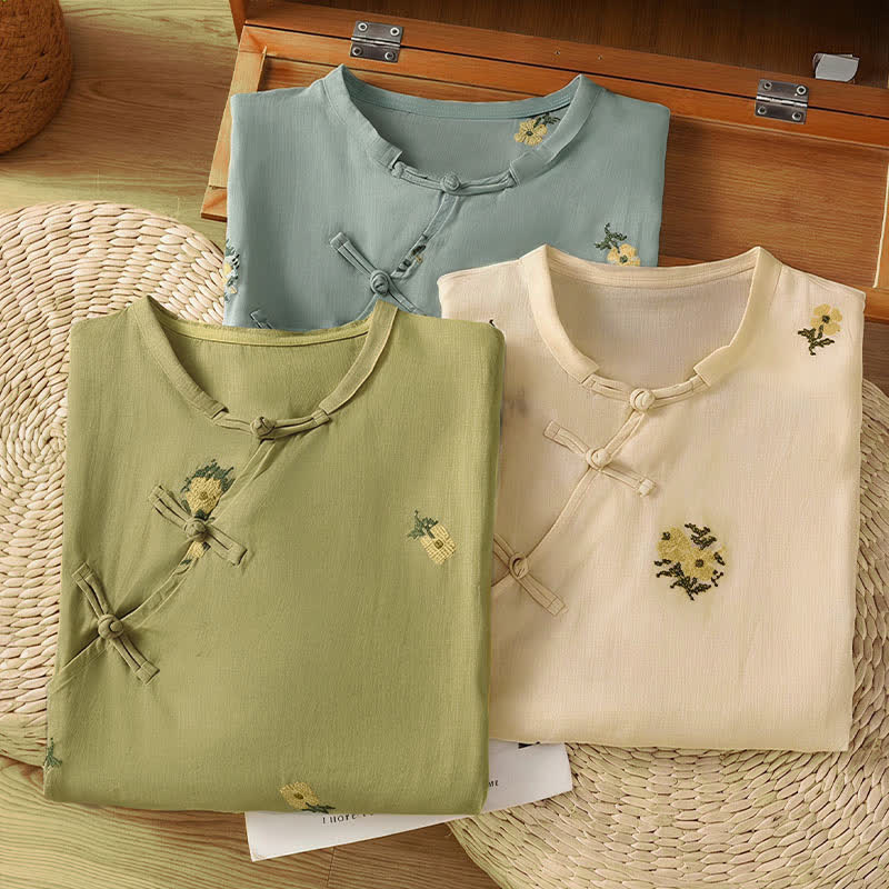 Buddha Stones Summer Casual Tang Style Mandarin Collar Embroidery Floral Tank Top Women's Sleeveless Shirts - image 23