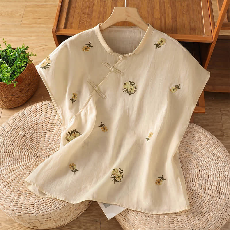 Buddha Stones Summer Casual Tang Style Mandarin Collar Embroidery Floral Tank Top Women's Sleeveless Shirts - Beige - US12, UK/AU16, EU44 (2XL) - image 0