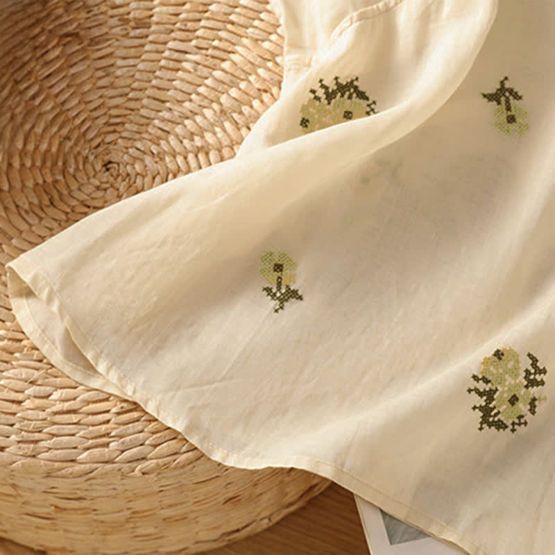 Buddha Stones Summer Casual Tang Style Mandarin Collar Embroidery Floral Tank Top Women's Sleeveless Shirts - image 6