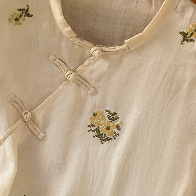Buddha Stones Summer Casual Tang Style Mandarin Collar Embroidery Floral Tank Top Women's Sleeveless Shirts - image 4