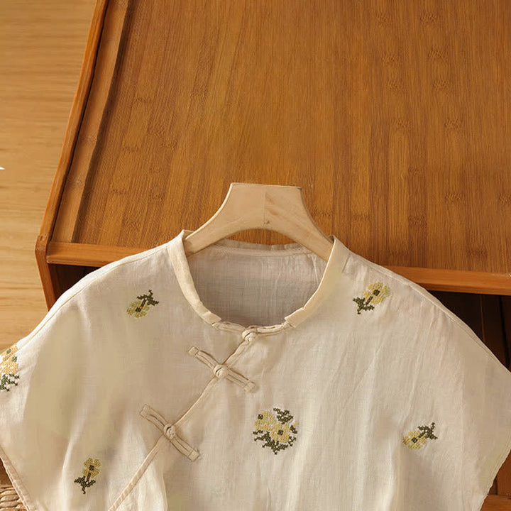 Buddha Stones Summer Casual Tang Style Mandarin Collar Embroidery Floral Tank Top Women's Sleeveless Shirts - image 2