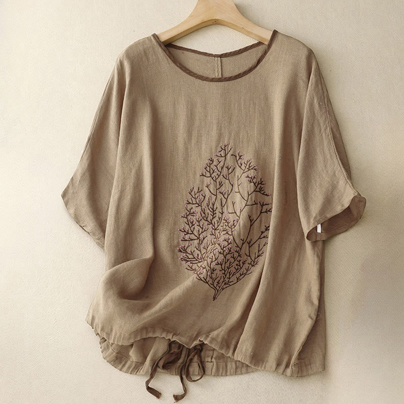 Buddha Stones Casual Embroidery Tree Drawstring Women's Crew Neck Design Half Sleeve T-Shirt - Olive - US14，UK/AU18，EU46 (2XL) - image 15