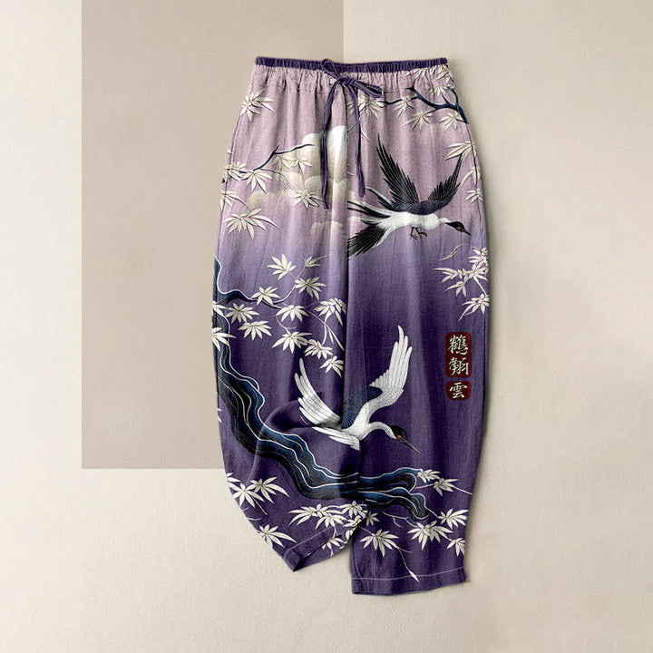 Buddha Stones Pure Cotton Elegant Crane Bamboo Pattern Women's Elastic Waist Pants With Pockets - MediumPurple - US16，UK/AU20，EU48 (3XL) - image 3