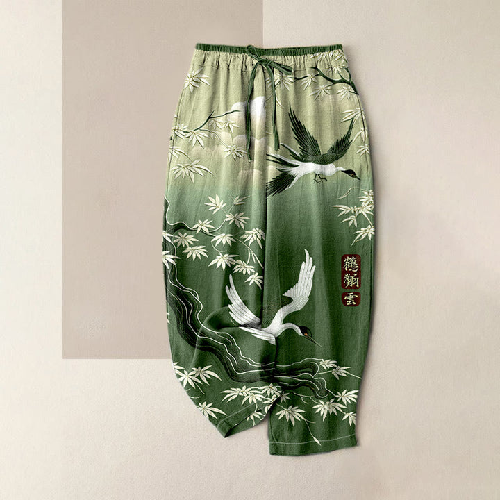 Buddha Stones Pure Cotton Elegant Crane Bamboo Pattern Women's Elastic Waist Pants With Pockets - Green - US16，UK/AU20，EU48 (3XL) - image 3