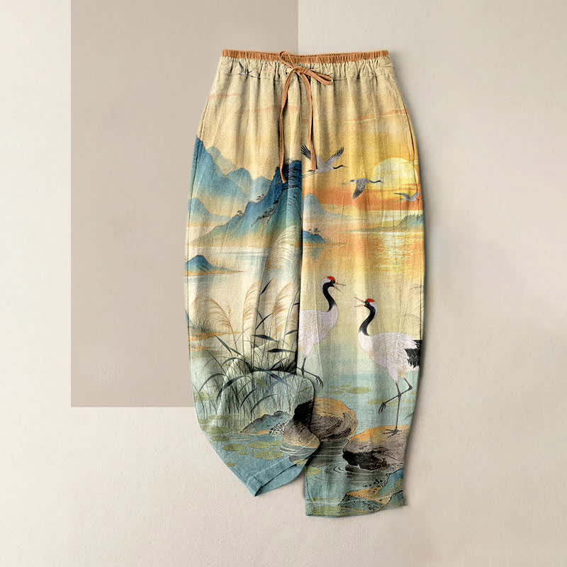 Buddha Stones Pure Cotton Elegant Crane Landscape Pattern Women's Elastic Waist Pants With Pockets - DarkTurquoise - US16，UK/AU20，EU48 (3XL) - image 0