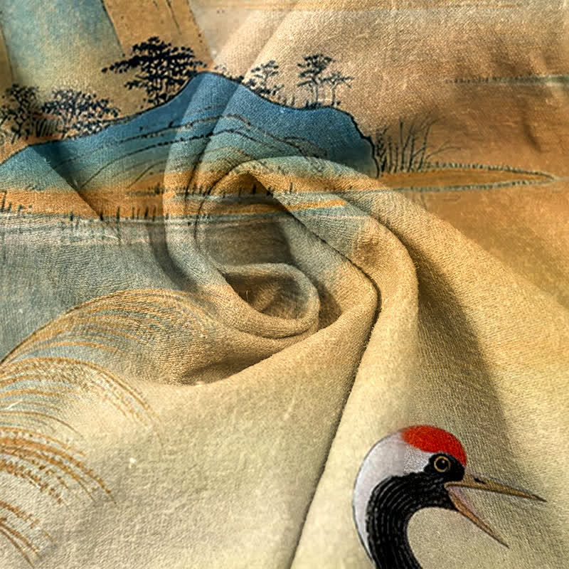 Buddha Stones Pure Cotton Elegant Crane Landscape Pattern Women's Elastic Waist Pants With Pockets - image 2