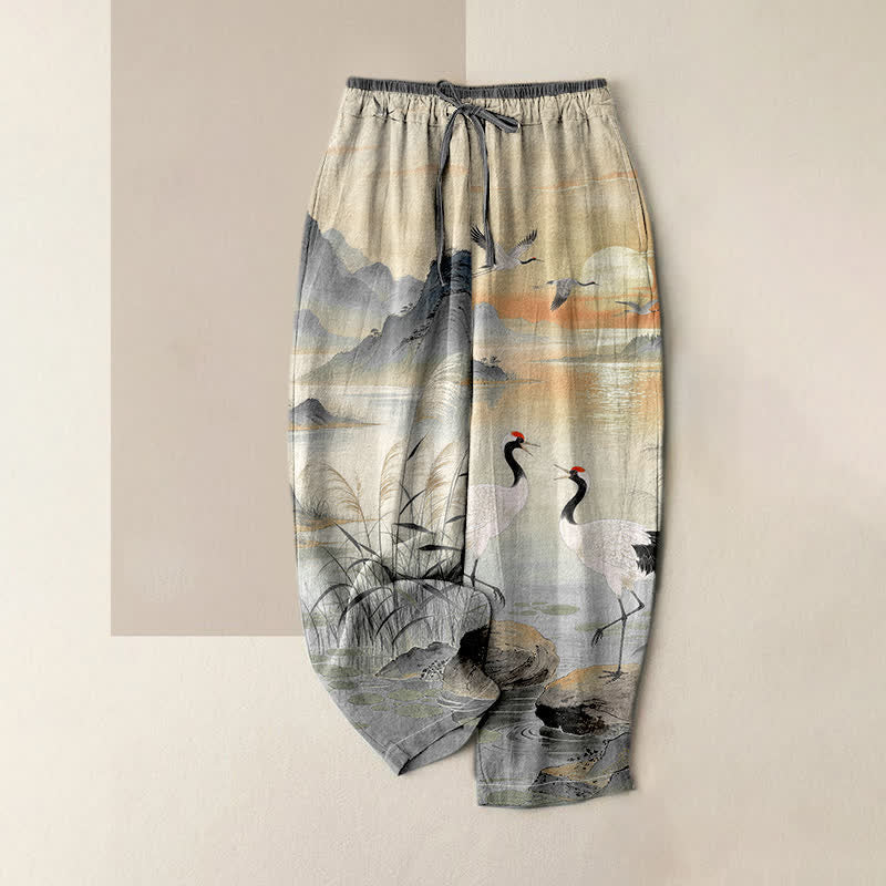 Buddha Stones Pure Cotton Elegant Crane Landscape Pattern Women's Elastic Waist Pants With Pockets - DarkGray - US16，UK/AU20，EU48 (3XL) - image 3