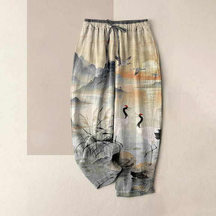 Buddha Stones Pure Cotton Elegant Crane Landscape Pattern Women's Elastic Waist Pants With Pockets - DarkGray - US16，UK/AU20，EU48 (3XL) - image 3