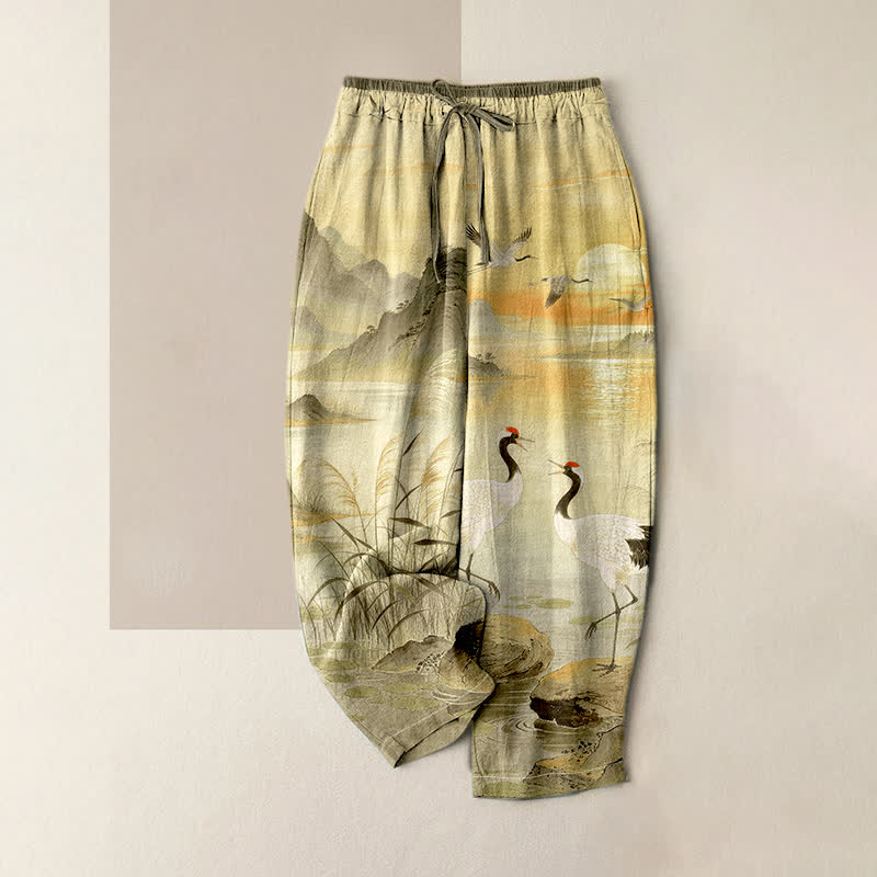 Buddha Stones Pure Cotton Elegant Crane Landscape Pattern Women's Elastic Waist Pants With Pockets - DarkKhaki - US16，UK/AU20，EU48 (3XL) - image 4