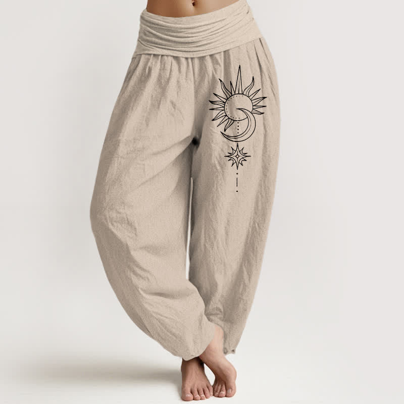Buddha Stones Pure Cotton Sun Moon Stars Pattern Women's Elastic Waist Harem Pants - Tan - US16，UK/AU20，EU48 (3XL) - image 11