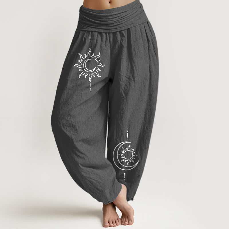 Buddha Stones Pure Cotton Moon Sun Pattern Women's Elastic Waist Harem Pants - DimGray - US16，UK/AU20，EU48 (3XL) - image 0