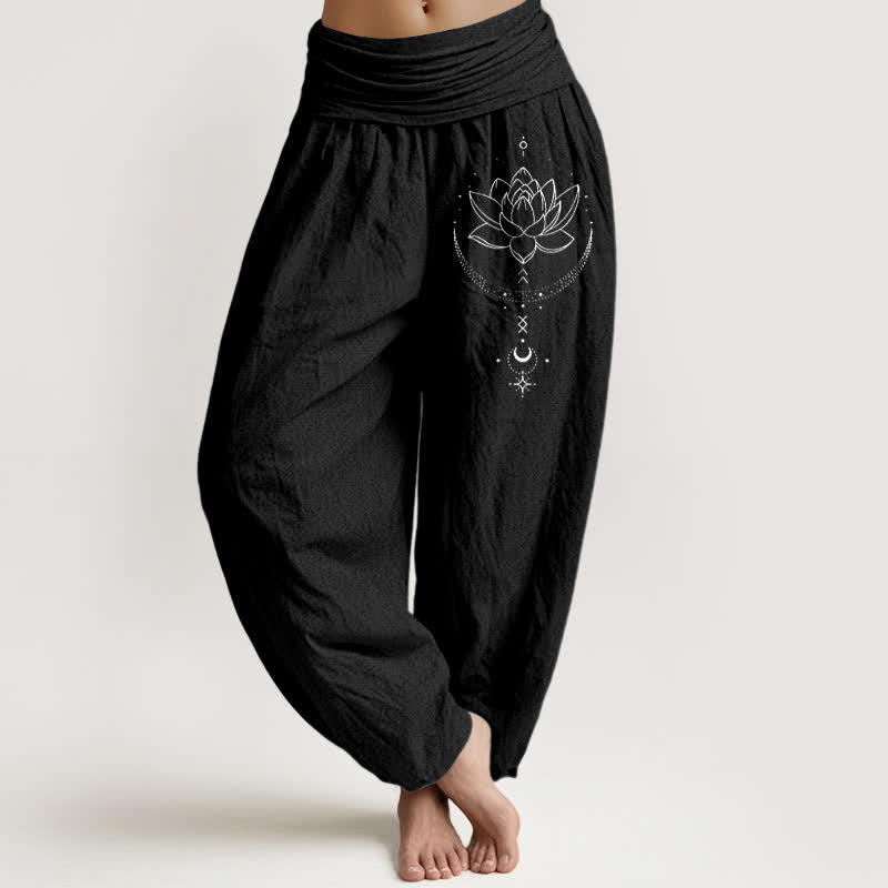 Buddha Stones Pure Cotton Lotus Crescent Moon Pattern Women's Elastic Waist Harem Pants - Black - US16，UK/AU20，EU48 (3XL) - image 0