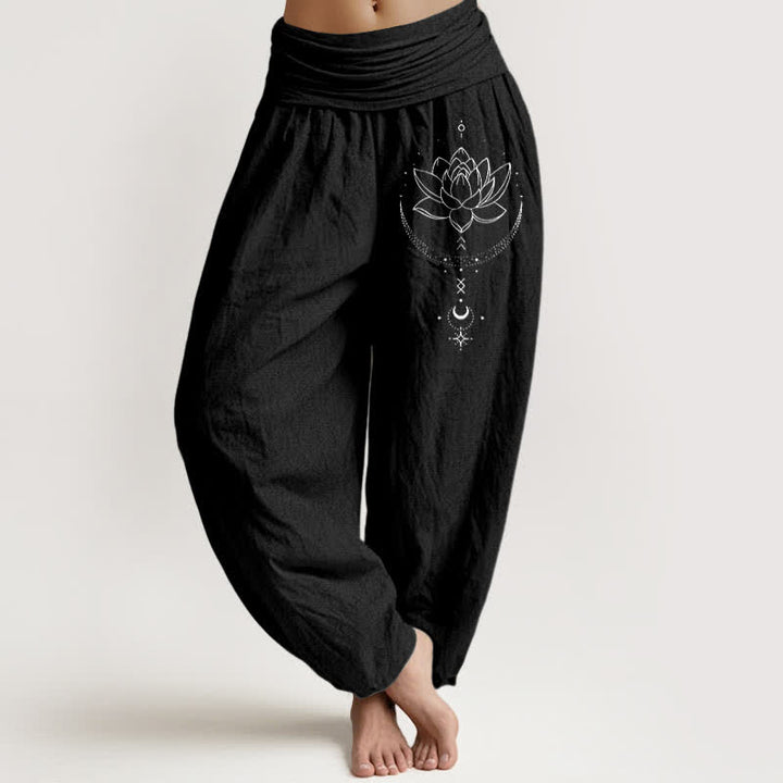 Buddha Stones Pure Cotton Lotus Crescent Moon Pattern Women's Elastic Waist Harem Pants - Black - US16，UK/AU20，EU48 (3XL) - image 0