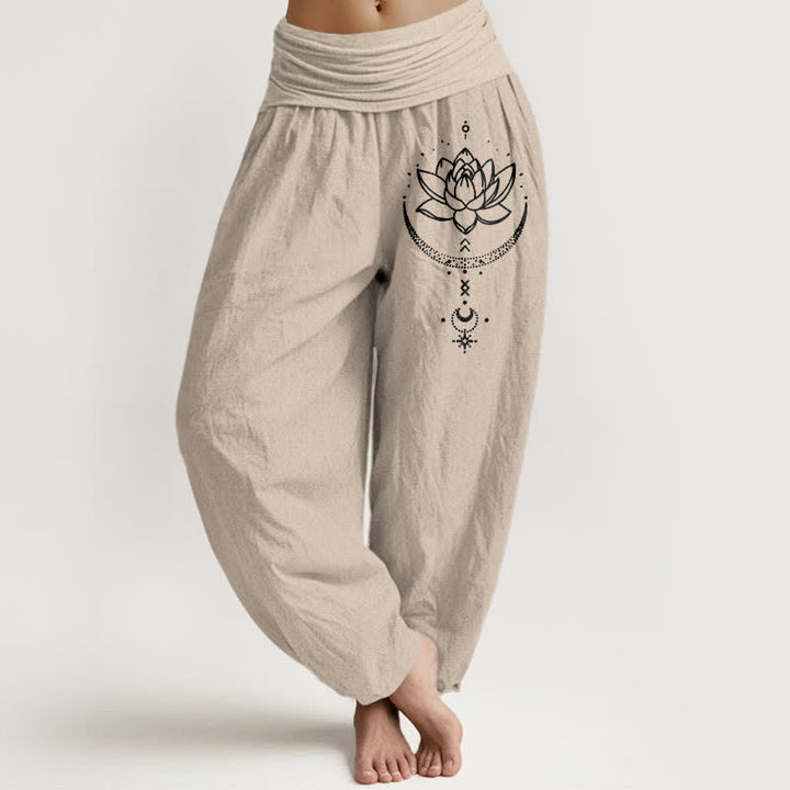 Buddha Stones Pure Cotton Lotus Crescent Moon Pattern Women's Elastic Waist Harem Pants - Tan - US16，UK/AU20，EU48 (3XL) - image 11