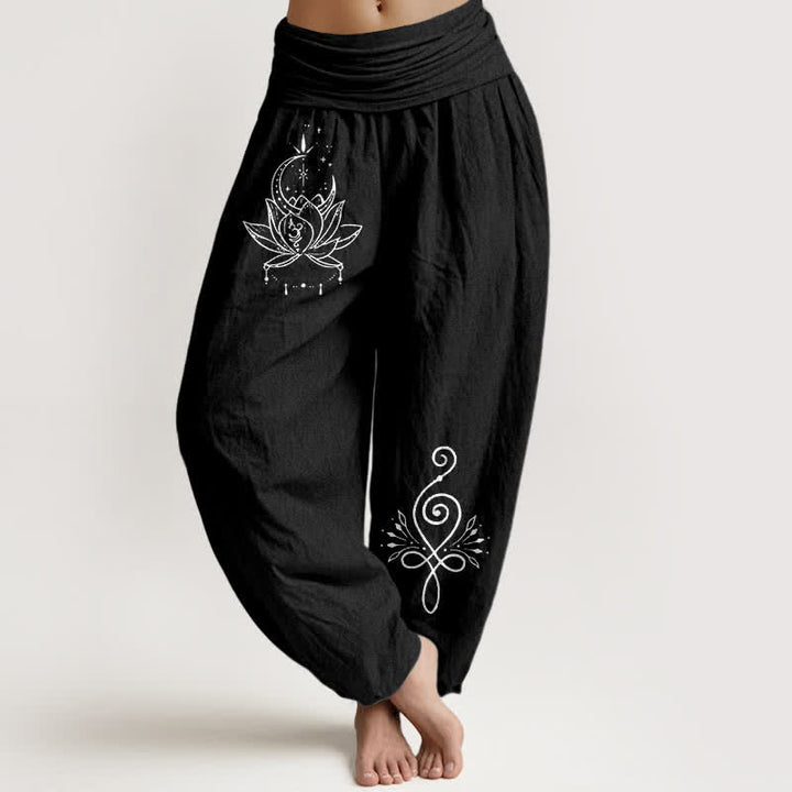 Buddha Stones Pure Cotton Lotus Moon Pattern Women's Elastic Waist Harem Pants - Black - US16，UK/AU20，EU48 (3XL) - image 5