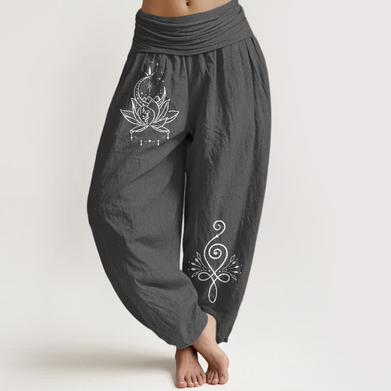 Buddha Stones Pure Cotton Lotus Moon Pattern Women's Elastic Waist Harem Pants - DimGray - US16，UK/AU20，EU48 (3XL) - image 8