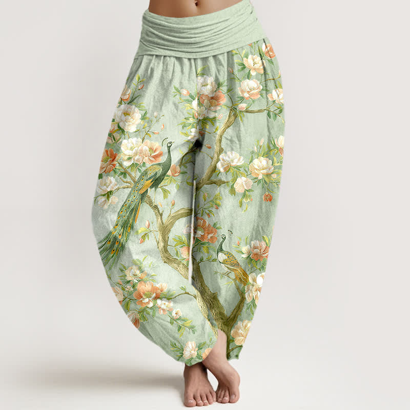 Buddha Stones Cotton Peacock Blossom Pattern Women's Elastic Waist Harem Pants - PaleGreen - US16，UK/AU20，EU48 (3XL) - image 8