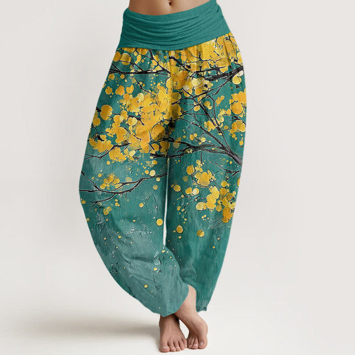 Buddha Stones Cotton Yellow Blossom Branch Pattern Women's Elastic Waist Harem Pants - Teal - US16，UK/AU20，EU48 (3XL) - image 0