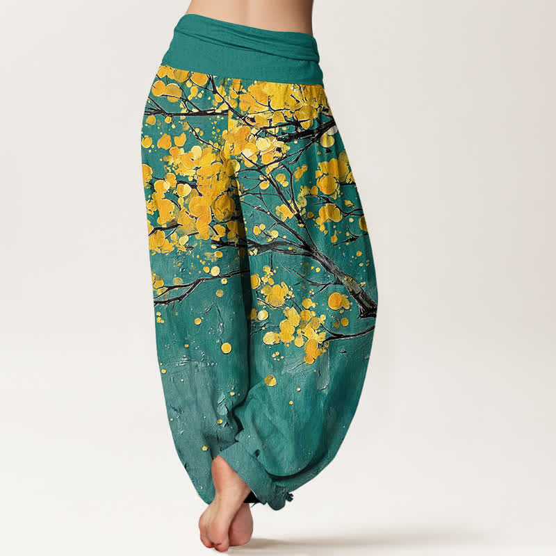 Buddha Stones Cotton Yellow Blossom Branch Pattern Women's Elastic Waist Harem Pants - image 1